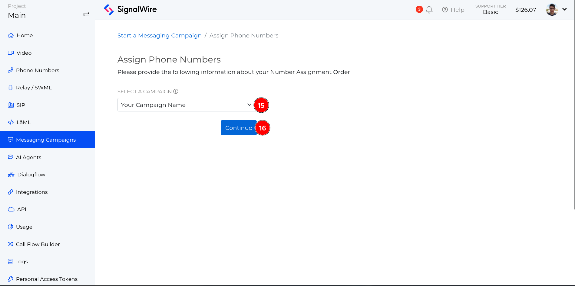 Assign Phone Numbers page where the user selects the campaign and uses a blue button to continue