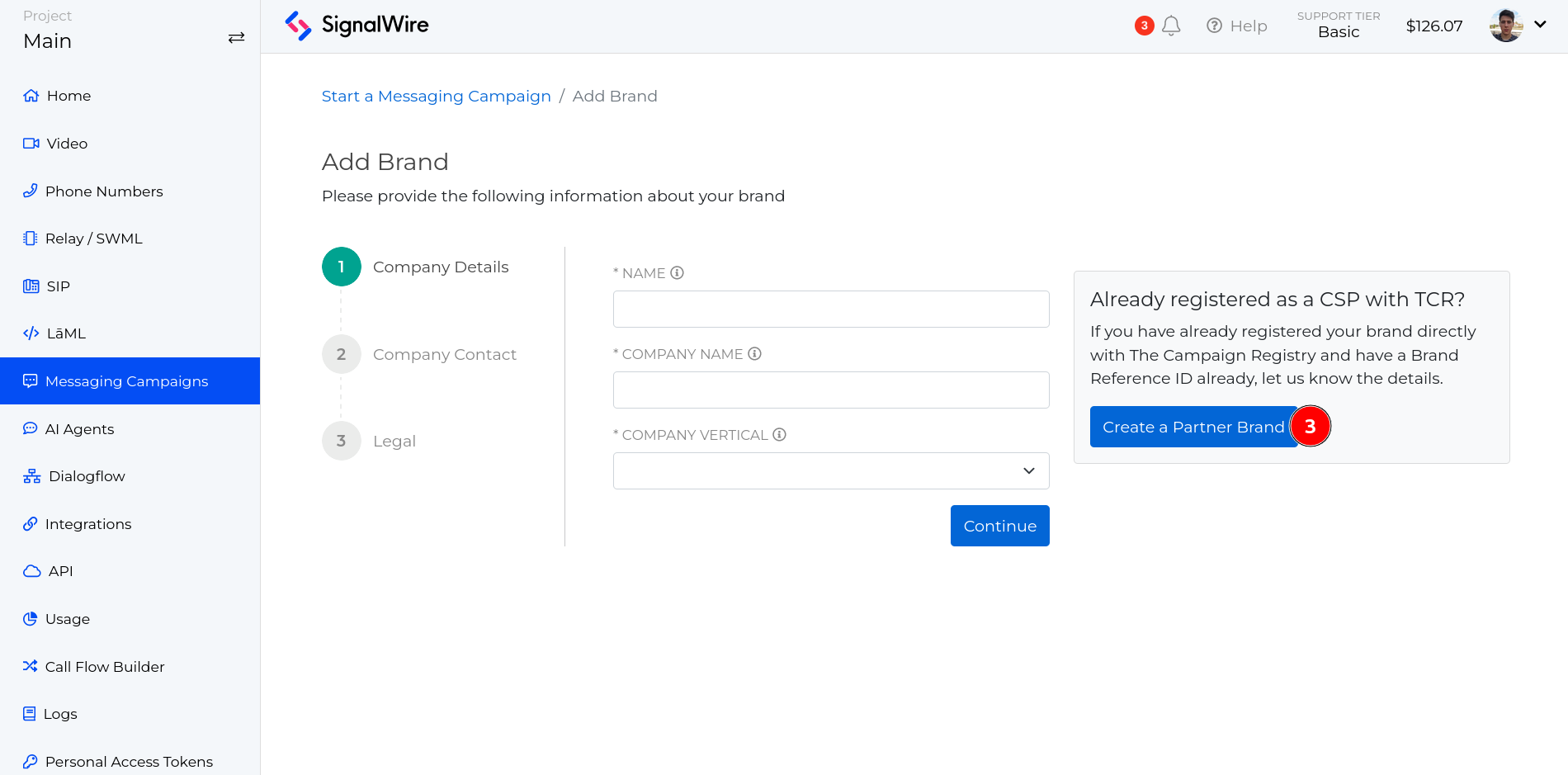 Add a Brand page with blue buttons to add a managed brand or create a partner brand