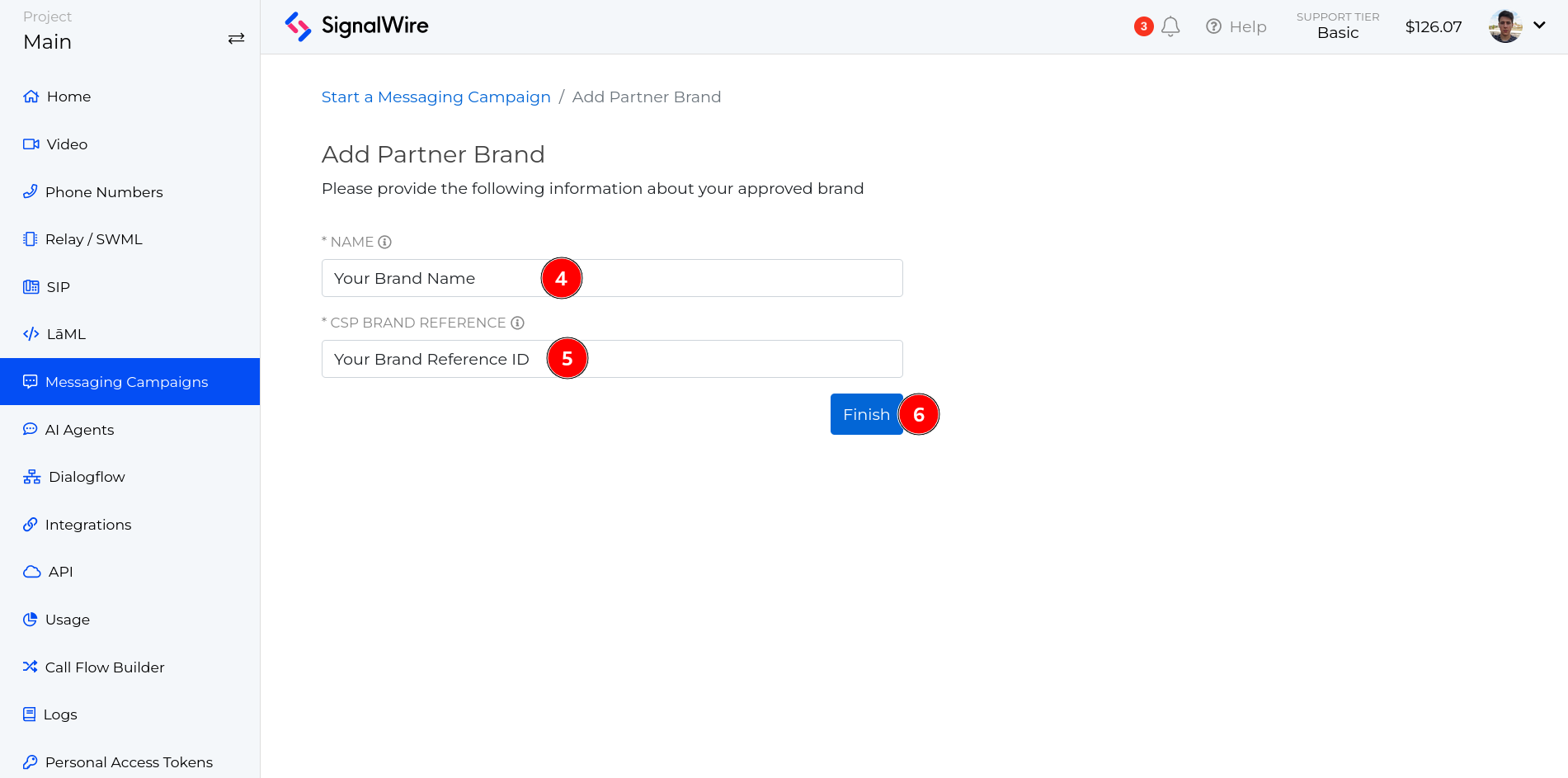 Add Partner Brand page where the user can add the brand name and reference ID with a blue button to finish adding the brand