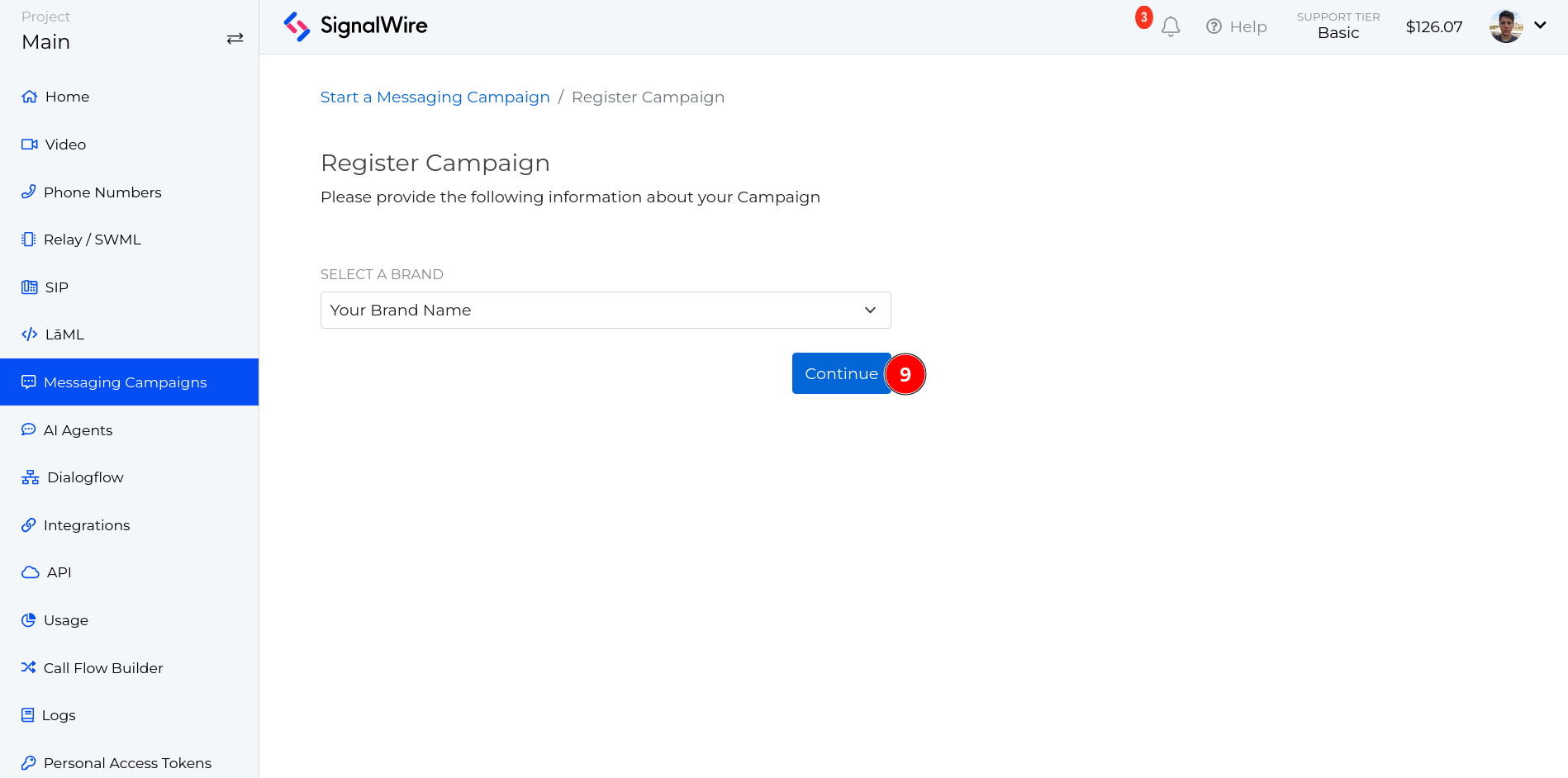 Register Campaign page with a selection input to select the brand and a blue button to continue