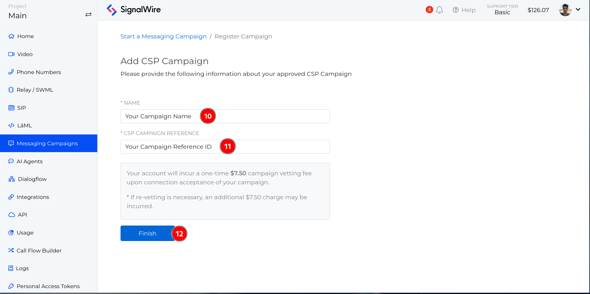 Add CSP Campaign page where the user can add the campaign name and reference ID with a blue button to finish adding the campaign