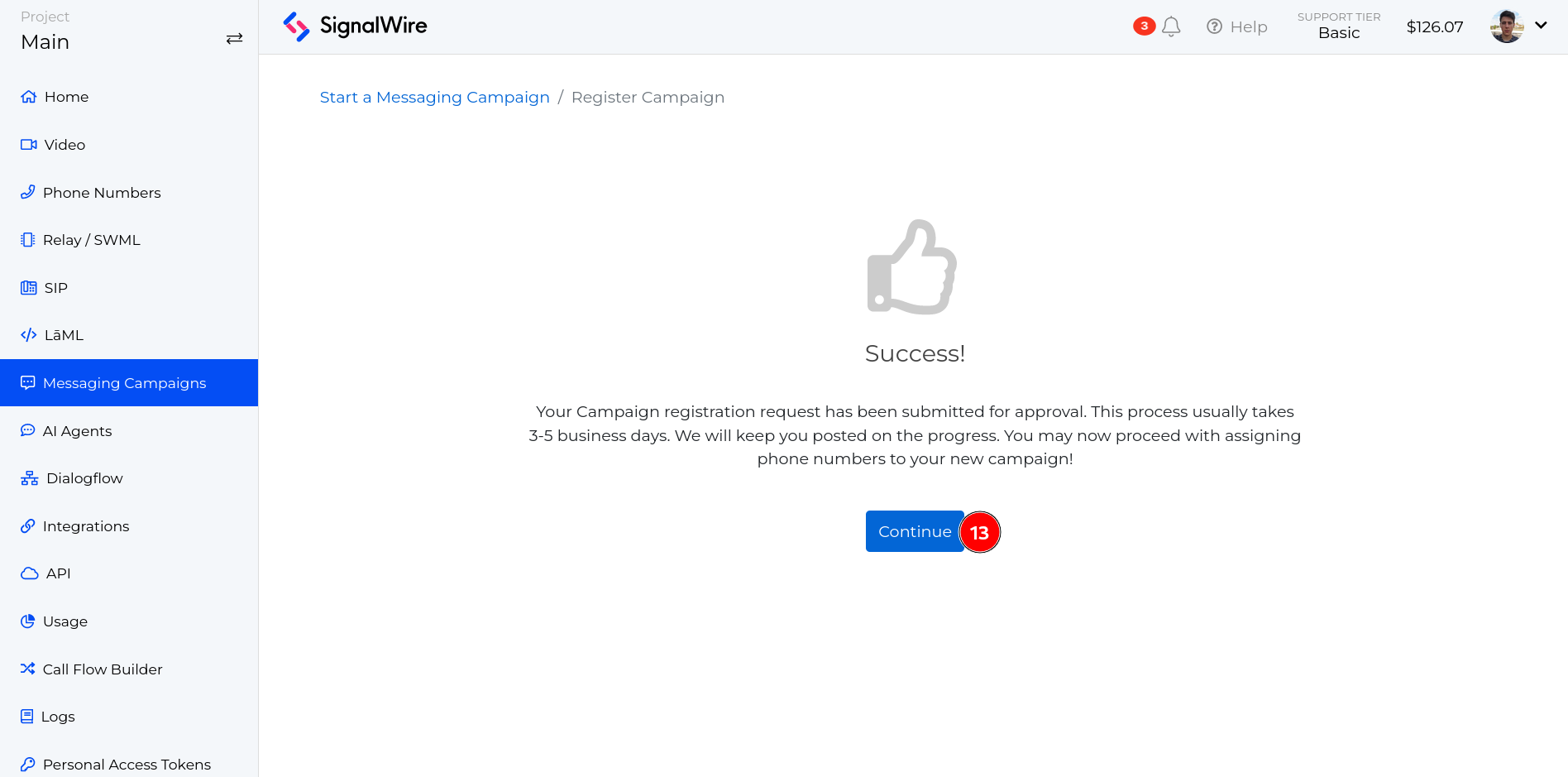 Success page for adding a CSP Campaign with a blue button to continue the process
