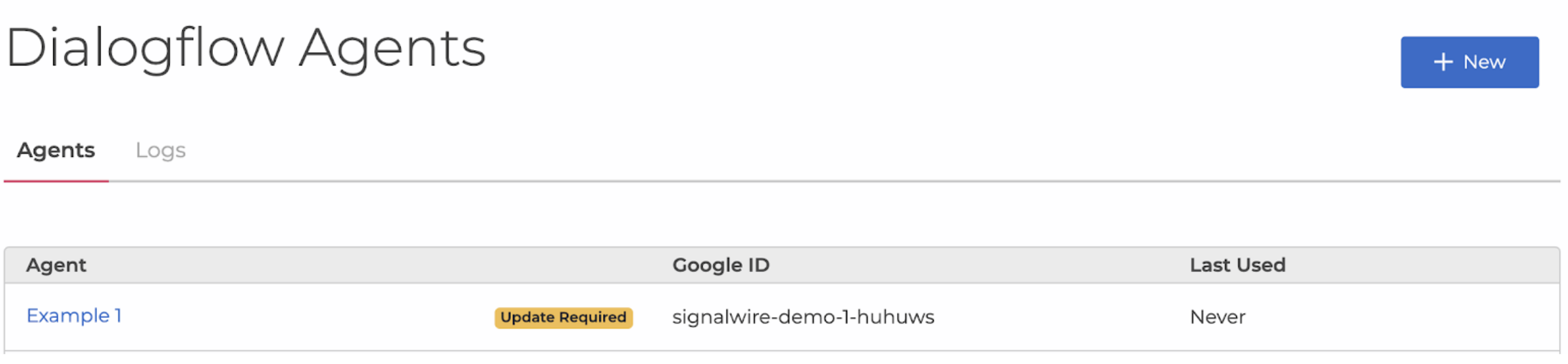 The Dialogflow section of the SignalWire Space. There is a yellow 'Update Required badge next to the Agent Name.