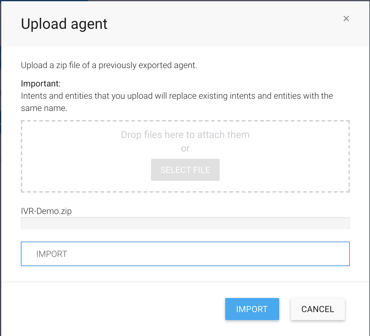 The Upload agent popup. There is a file selection wizard, and a text field in which the user has typed 'IMPORT'.