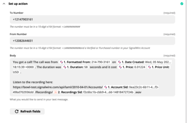 The Set Up Action pane with messages